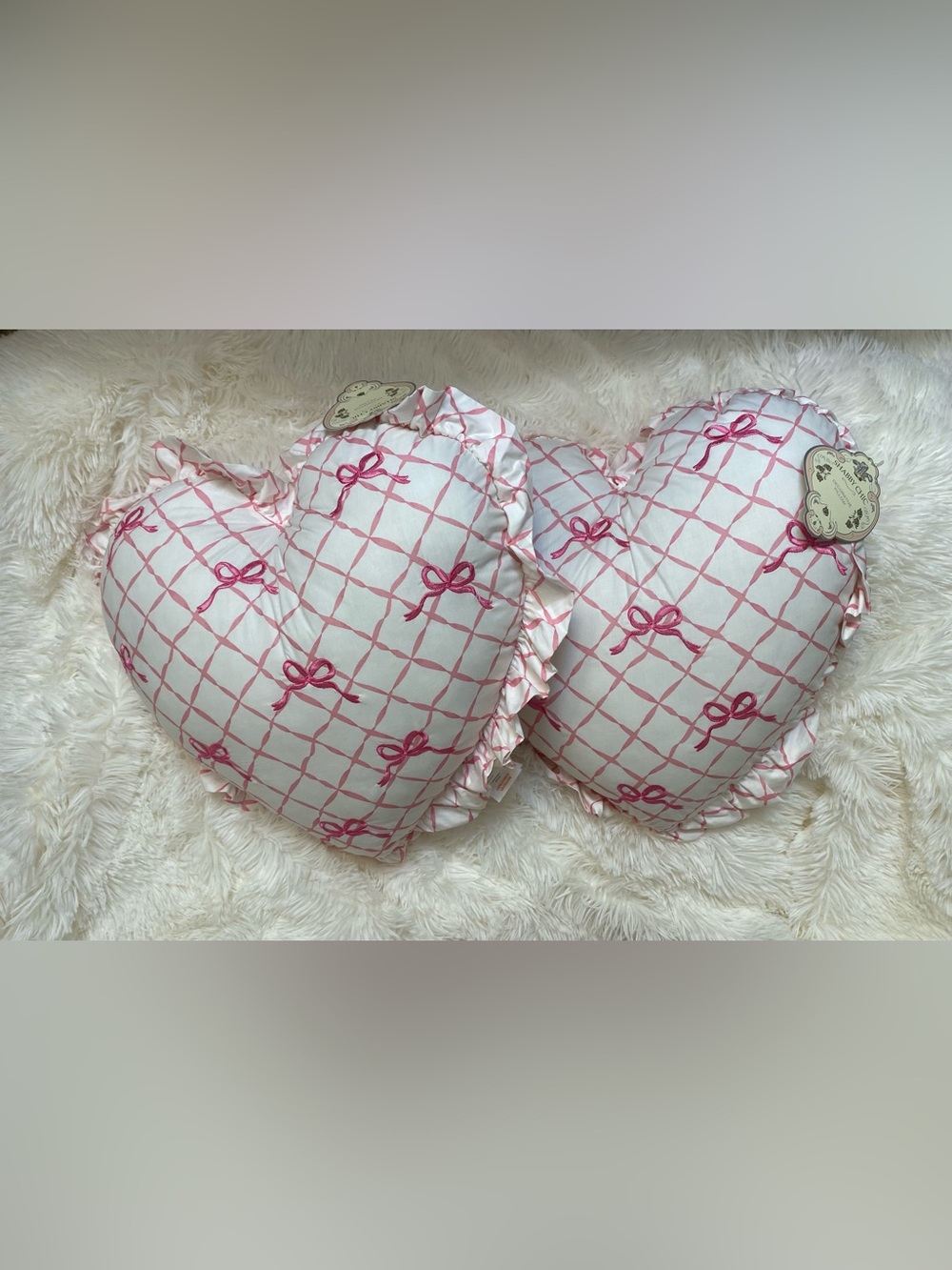 SHABBY CHIC ❤️(2)PINK BOWS HEART SHAPED PILLOW 20” NWT